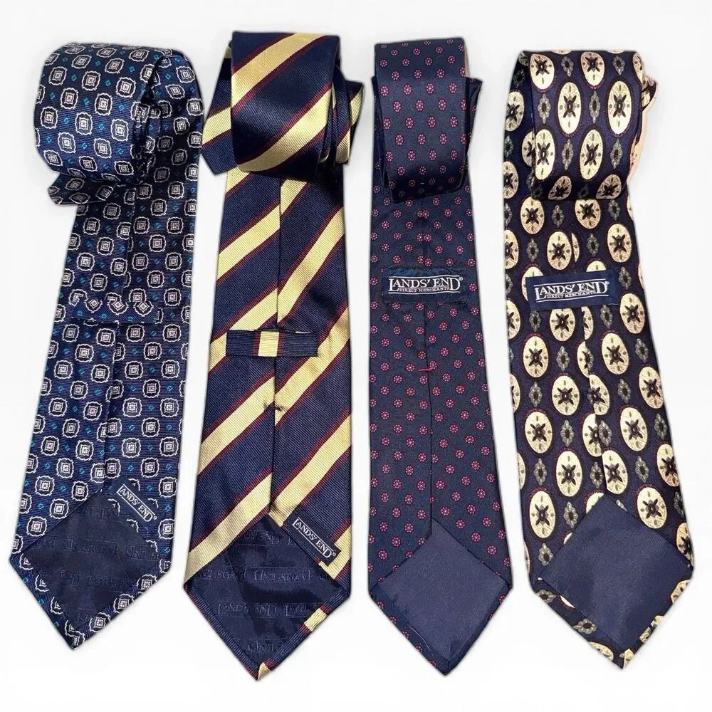 Lot 4 Vintage Lands End Silk Ties Navy Blue Striped Geometric Preppy Mens Bundle